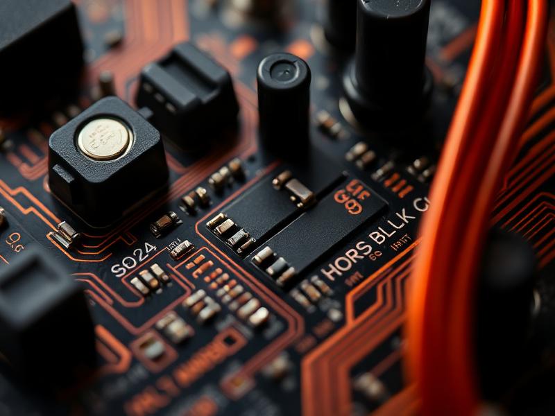 Custom PCB board with soldered components and orange wires